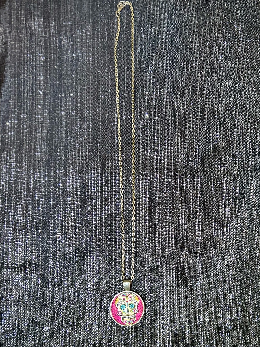 Silver Tone Pink Sugar Skull Pendant Necklace